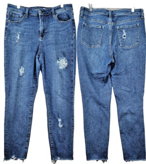 Max Studio Jeans Womens 16 32x25 High Rise Skinny Crop Raw Hem Denim Destroyed